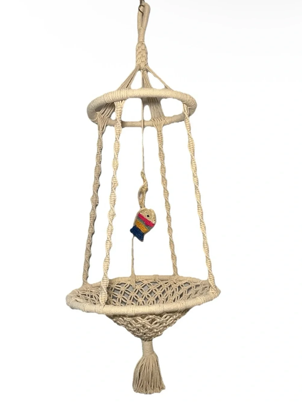 Boho Macrame Hanging Swinging Round Cat Bed With Fish Toy Attachment Gold Chain